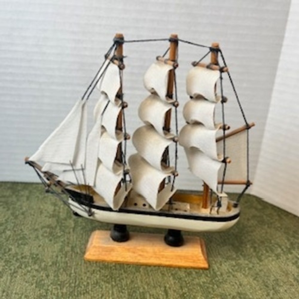 Vintage Wooden Tall Ship Model Nautical Decor White Sails 3-Mast Schooner - Picture 2 of 8